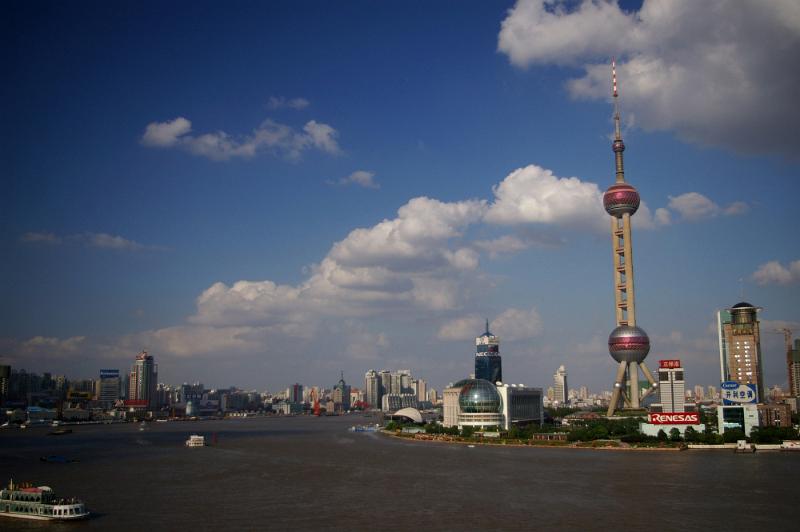 Free Stock Photo: Skyline of Modern Shanghai on Sunny Day Featuring Iconic Oriental Pearl Tower on Shore of Huangpu River, Shanghai, China